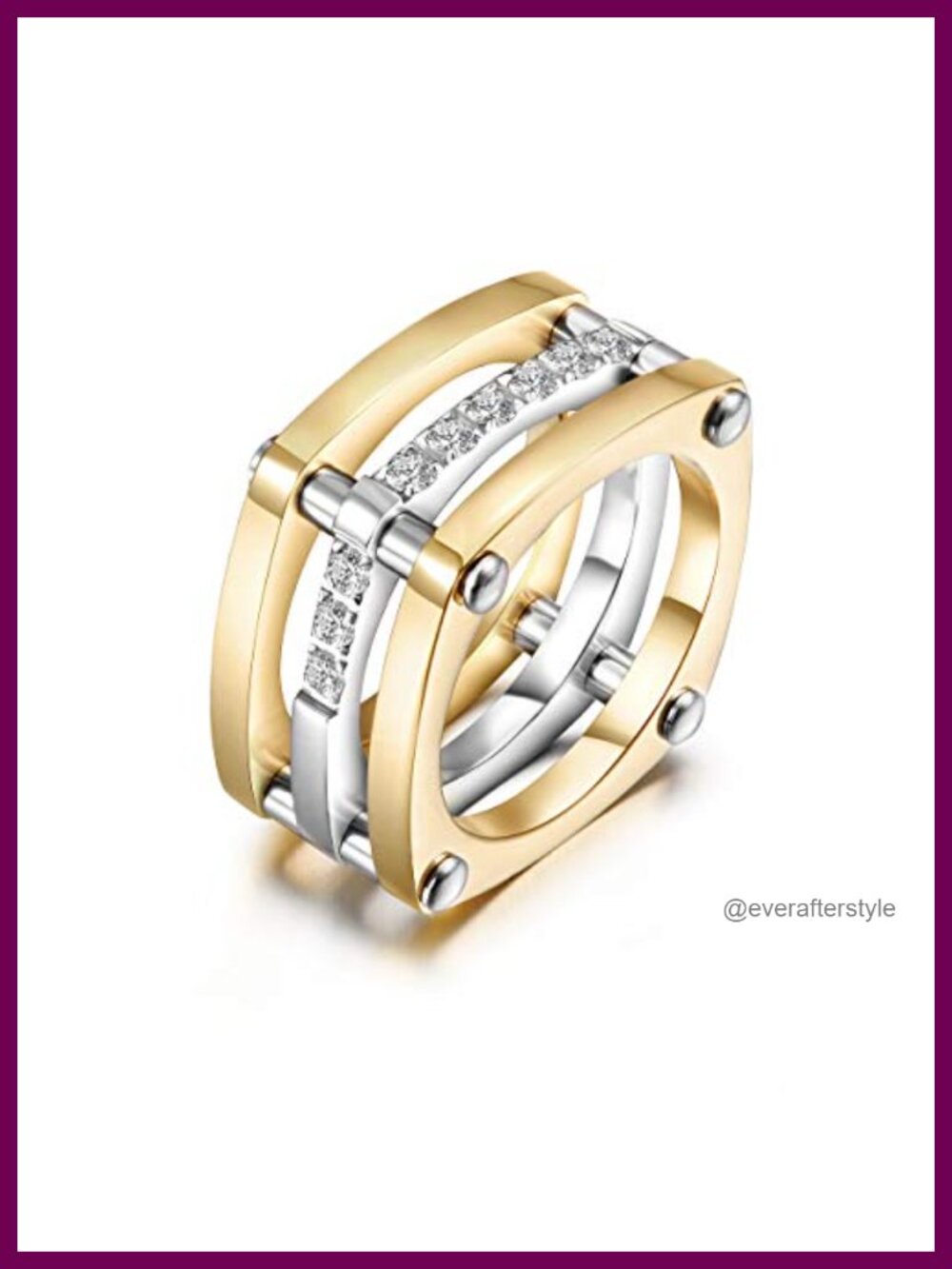 Chunky Square Cocktail Statement Ring Gold Plated Stainless Steel CZ